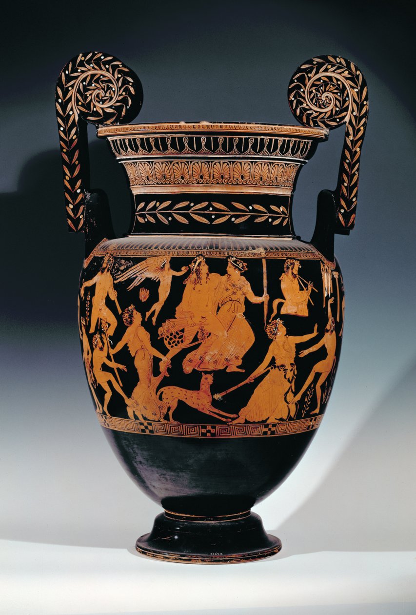 Cratera voluta ática em figura-vermelha, decorada com uma cena de atores e músicos se preparando para uma performance, em grego, de Ruvo, século V aC (cerâmica) (ver também 119444, 119446-7) de Pronomos Painter