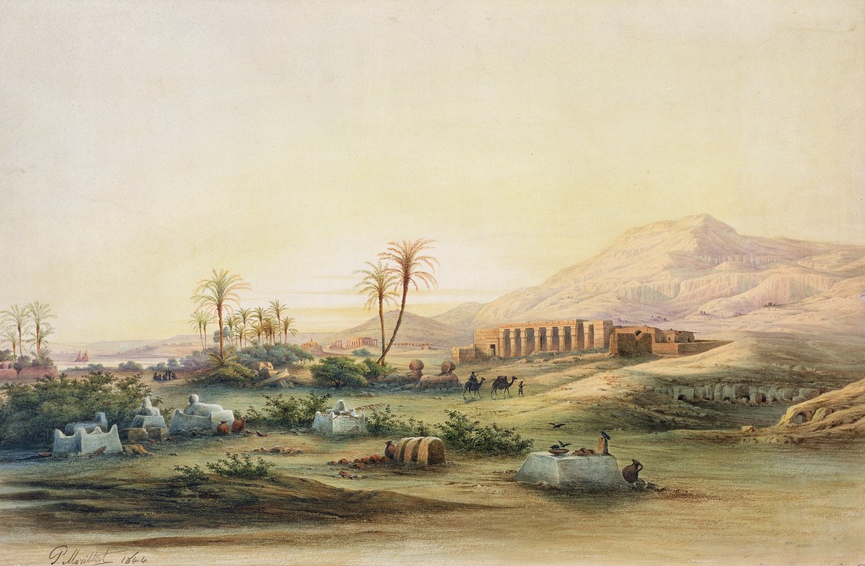 Vale do Nilo com as Ruínas do Templo de Seti I, 1844 (lápis e wc sobre papel) de Prosper Georges Antoine Marilhat