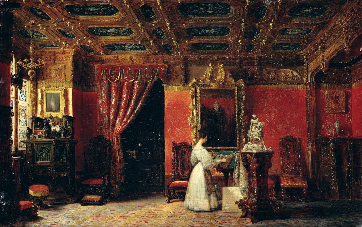 Princesa Marie d&39;Orleans (1813-39) em seu estúdio gótico no Palais des Tuileries, 1836 de Prosper Lafaye or Lafait