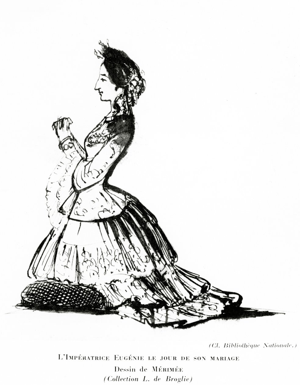 Retrato da Imperatriz Eugénie no dia do seu casamento, 30 de janeiro de 1853 (crayon no papel) de Prosper Merimee