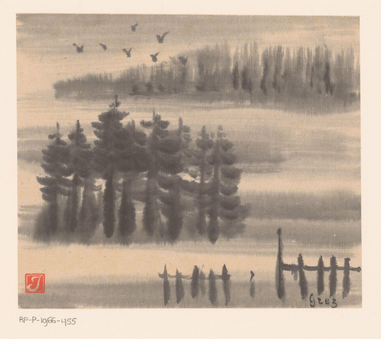Aves acima da paisagem da floresta de Prosper Alphonse Isaac