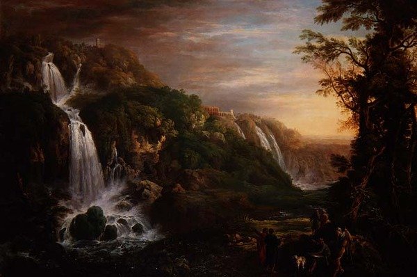 A Grande Cascata no Tivoli com Villa de Mecenas e artista inspirado em um filósofo de Prosper Francois Irenee Barrigues