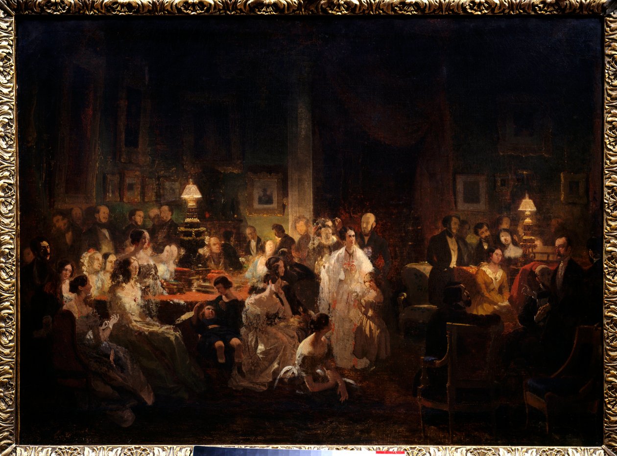 Horace Vernet partilha a descoberta do daguerreótipo na sala de estar de Monsieur Irisson (10 rue Antin, na noite de 10 de Agosto de Prosper Lafaye or Lafait