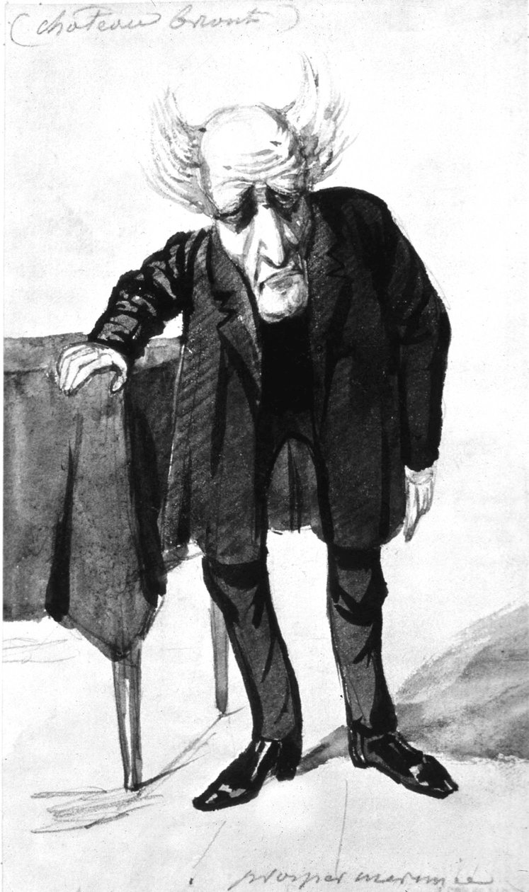 François Rene escritor francês, visconde de Chateaubriand (1768-1848) escritor francês, desenho animado de Prosper Merimee (gravura) de Prosper Merimee