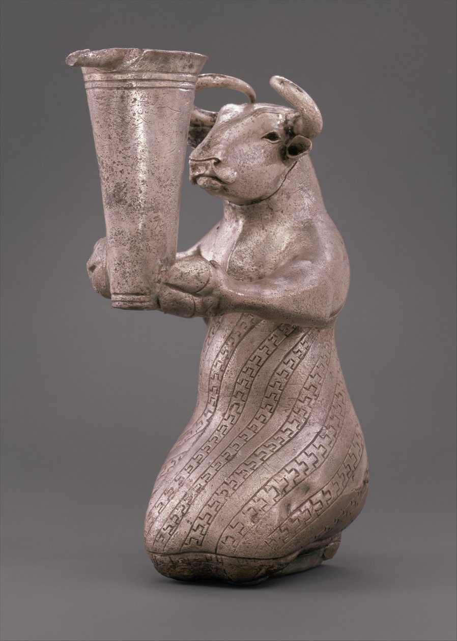 Touro de ajoelhar segurando um recipiente com bico, c.3000 BC (prata) de Proto Elamite Proto Elamite