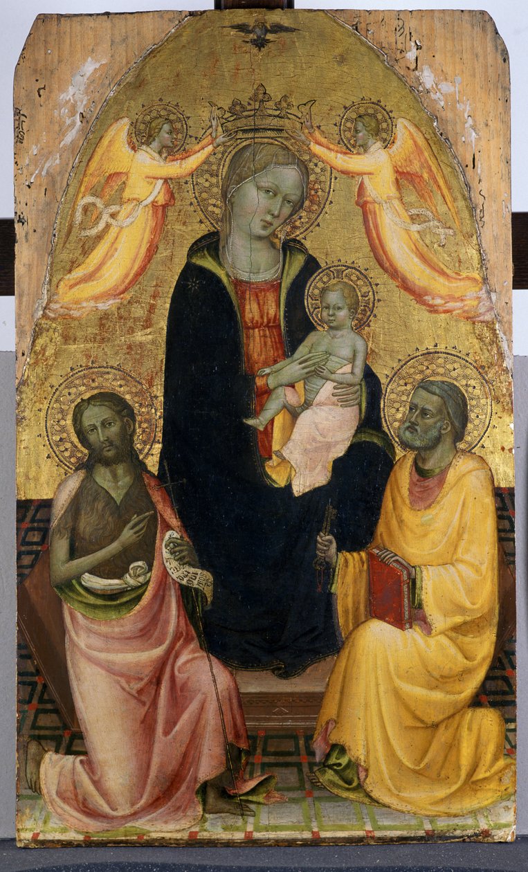 Madonna e Criança Entronizada sendo coroada por dois Anjos, João Batista e o Apóstolo Pedro, c.1410-20 (têmpera sobre madeira de choupo) de Pseudo Baldese Pseudo Baldese