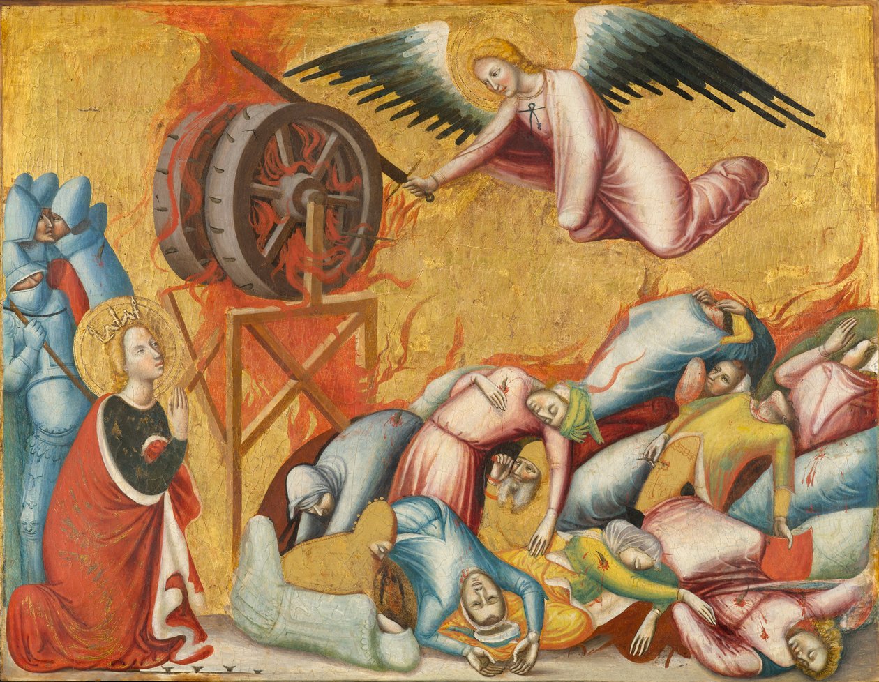 Santa Catarina de Alexandria Libertada da Roda, c.1325-1330 (têmpera e folha de ouro no painel) de Pseudo Jacopino di Francesco