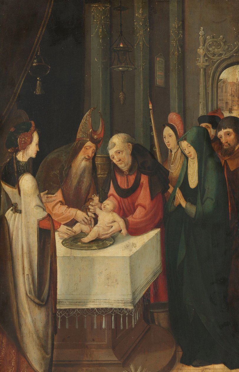 Circuncisão de Cristo, Ala Esquerda de um Altar, no verso é a Virgem de uma cena de Anunciação de Pseudo Jan Wellens de Cock (attributed to)