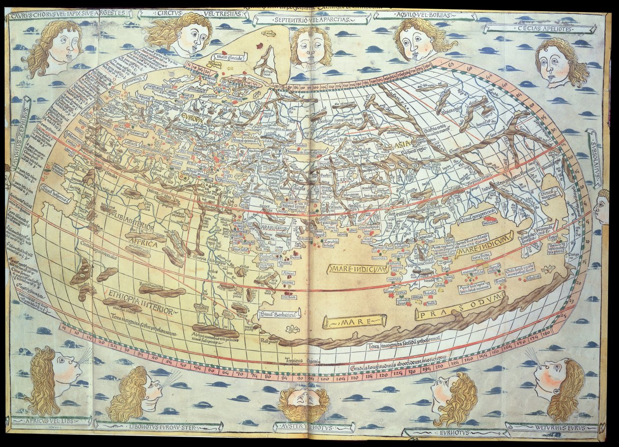 Mapa do mundo, baseado em descrições e coordenadas dadas em &39;Geographia&39;, publicado pela primeira vez em Ulm, Alemanha (gravura colorida à mão) de Ptolemy