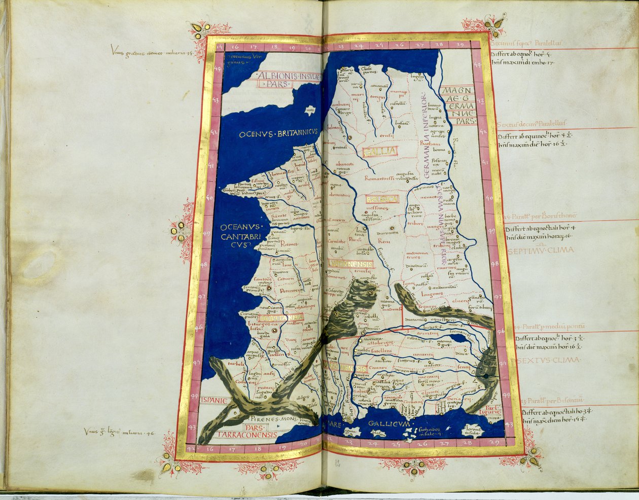 Ms Lat 463 fol.81v-82r Mapa da Gália, Bélgica, Lyon e Aquitânia de Ptolemy
