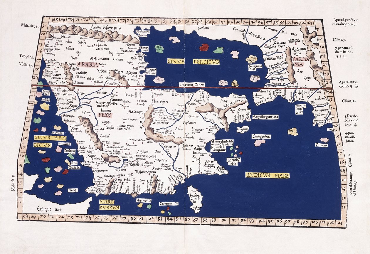 Mapa da Arábia, Golfo Pérsico e Mar da Índia, 1541 de Ptolemy