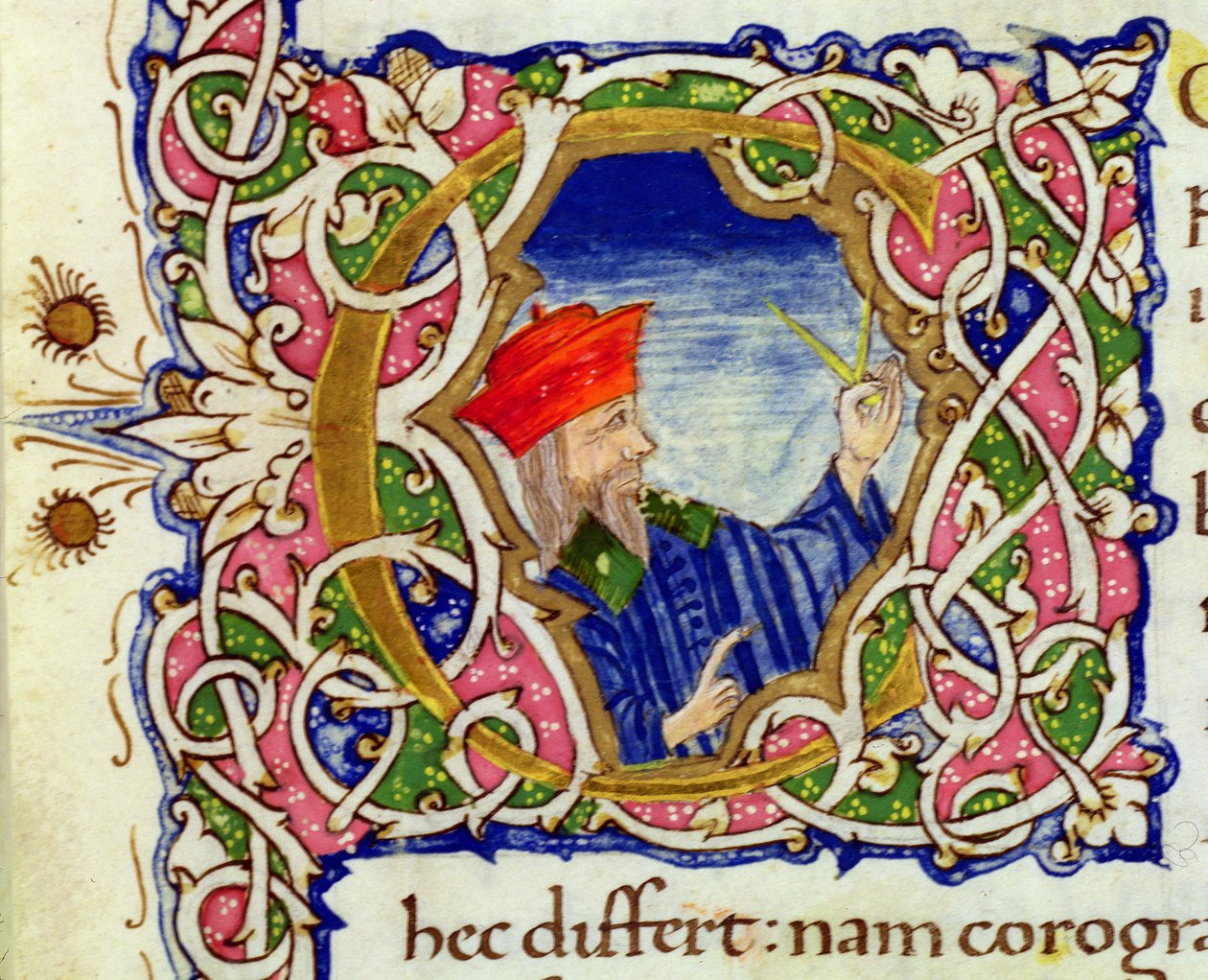 Ms Lat 463 fol.21r Historiated inicial &39;C&39; com um retrato de Ptolomeu (c.90-168) de um mapa do mundo de Ptolemy