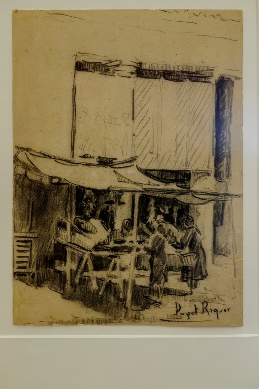 a praça, Narcís Puget Riquer, desenho a carvão, museu Puget, casa nobre de Can LLaudis , Dalt Vila, Ibiza, ilhas Baleares, Espanha de Puget Riquer