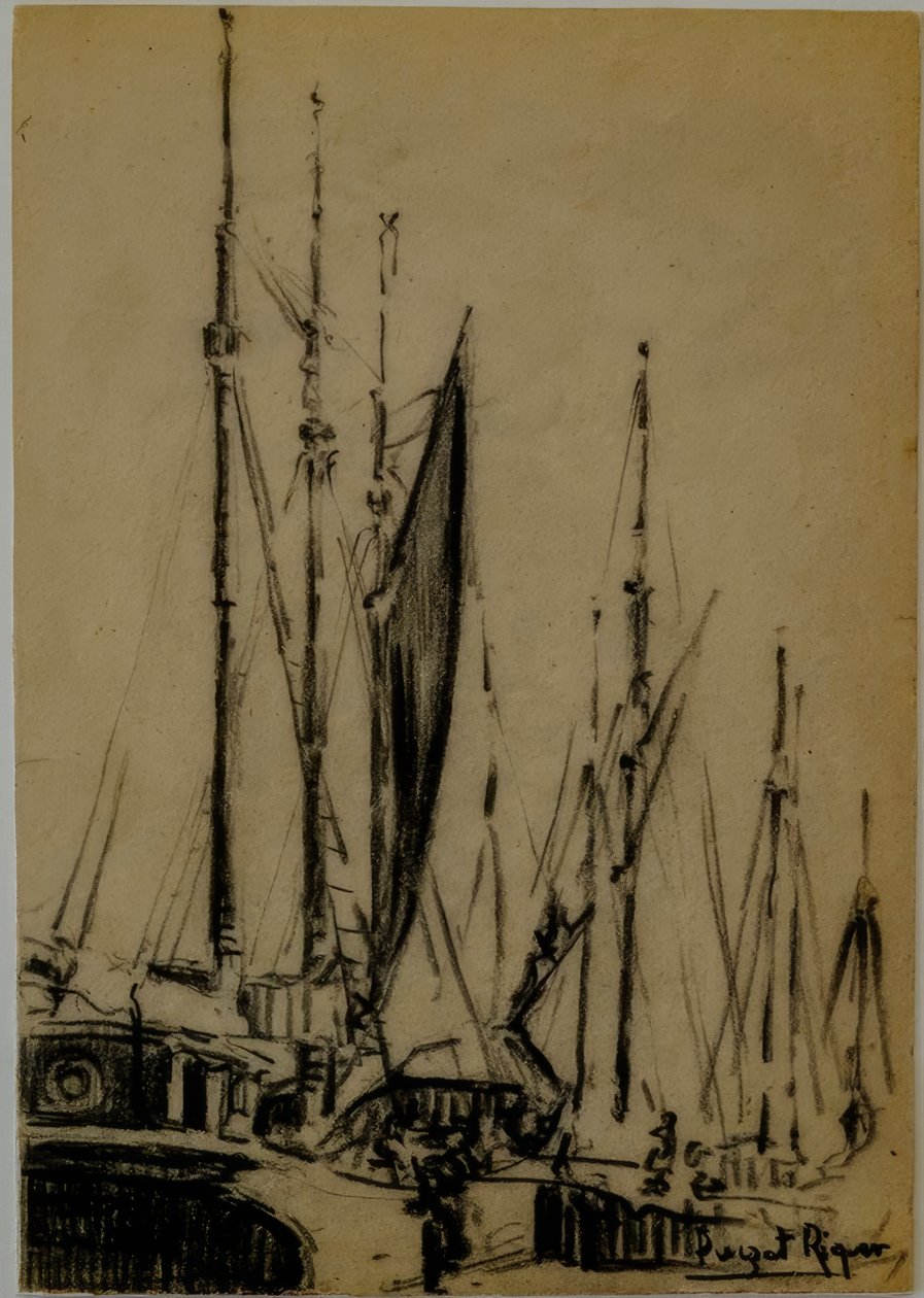 veleiros, Narcís Puget Riquer, desenho a carvão, museu Puget, casa nobre de Can LLaudis , Dalt Vila, Ibiza, ilhas Baleares, Espanha de Puget Riquer