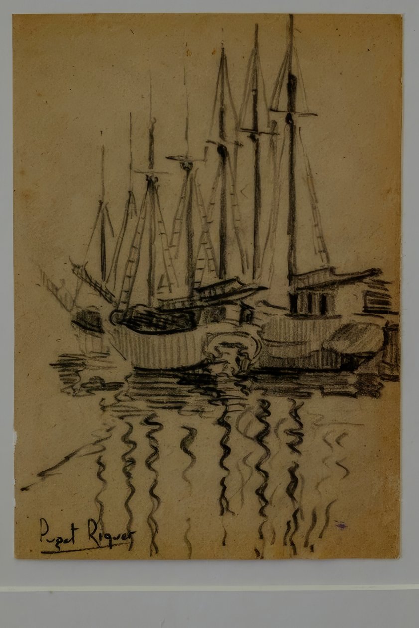 veleiros, Narcís Puget Riquer, desenho a carvão, museu Puget, casa nobre de Can LLaudis , Dalt Vila, Ibiza, ilhas Baleares, Espanha de Puget Riquer