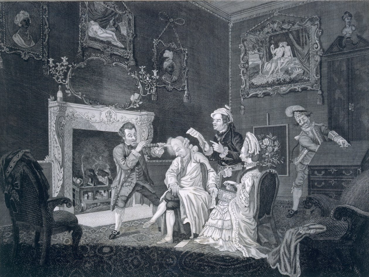 Servos distraem um homem idoso enquanto outro rouba da escrivaninha, gravado por Goldar, 1771 de Pugh