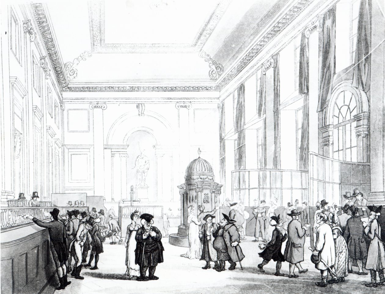 Banco da Inglaterra, Great Hall, de "Microcosmo de Londres", de Ackermann, 1809 (aquatinta) de Pugin and Rowlandson