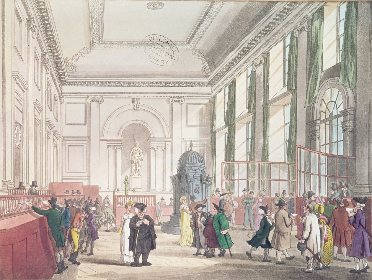 Banco da Inglaterra, Great Hall, de "Microcosmo de Londres", de Ackermann, 1809 (aquatinta) de Pugin and Rowlandson