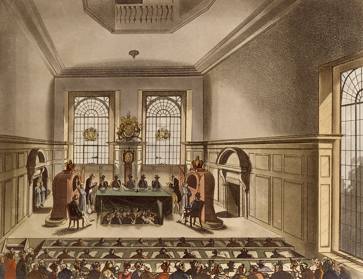 Salão de Cooper, Desenho de Loteria, do Microcosmo de Londres de Ackermann de Pugin and Rowlandson
