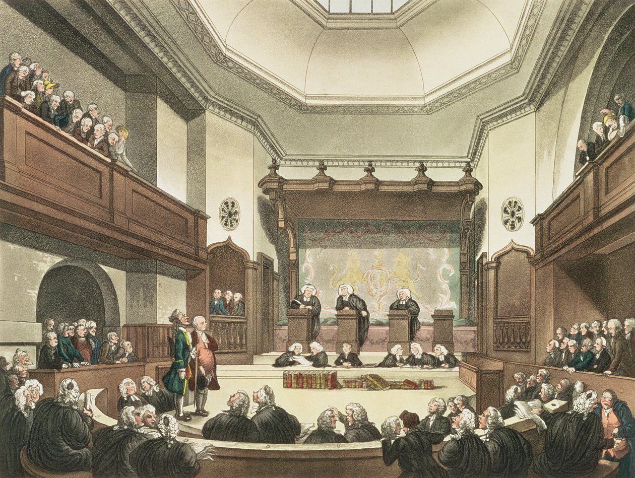 Corte de Pleas comuns, Westminster Hall, de "O Microcosmo de Londres", gravado por JC Stadler (fl.1780-1812), pub. por R. Ackermann (1764-1834) 1808 (aquatinta) de Pugin and Rowlandson