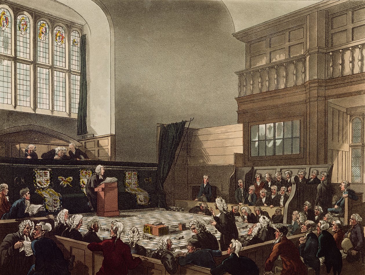 Tribunal do Exchequer, Westminster Hall, de "O Microcosmo de Londres", gravado por JC Stadler (fl.1780-1812), pub. por R. Ackermann (1764-1834) 1808 (aquatinta colorida) de Pugin and Rowlandson