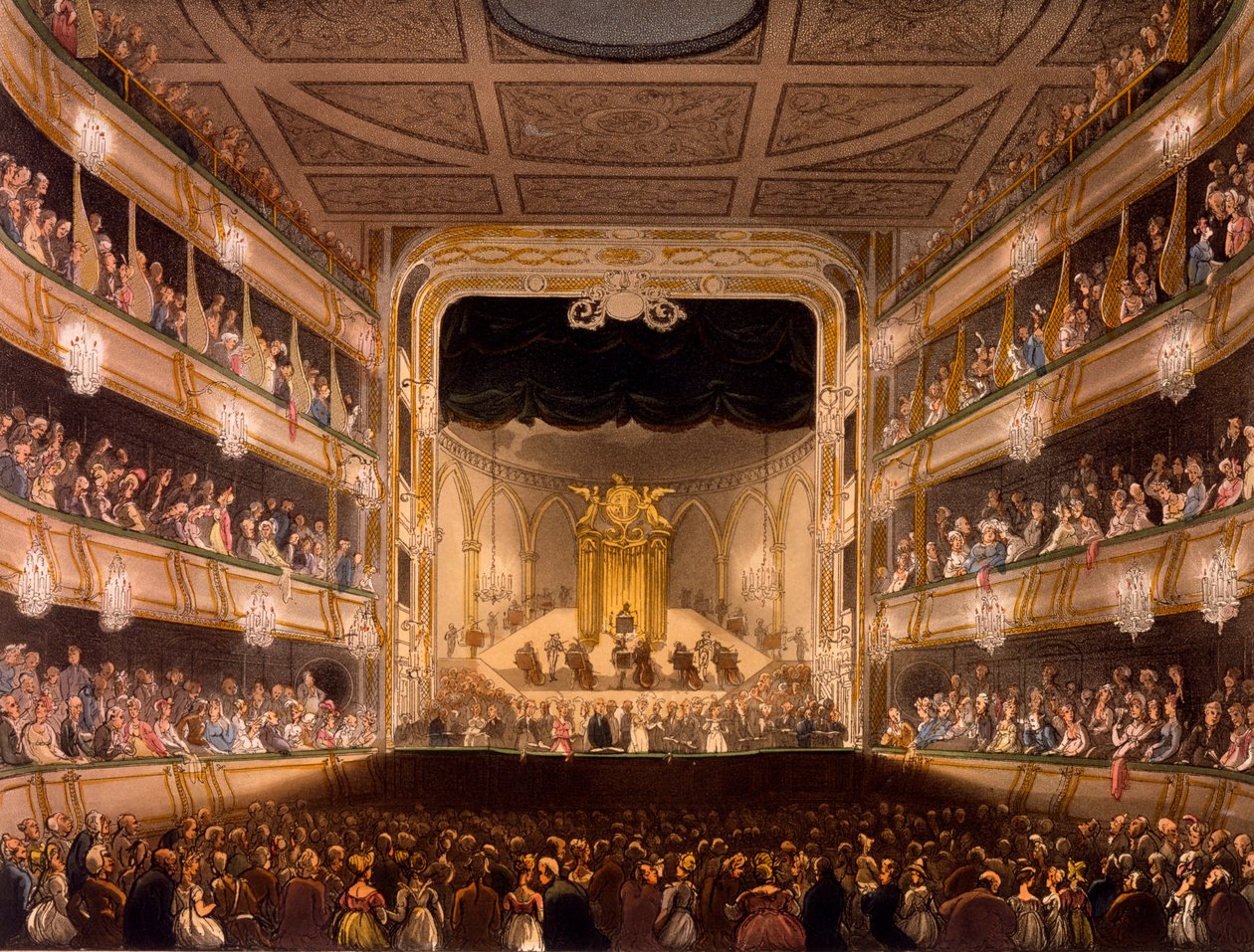 Covent Garden Theatre, do Microcosm of London por R Ackermann, 1808 (aquatinta colorida à mão) de Pugin and Rowlandson
