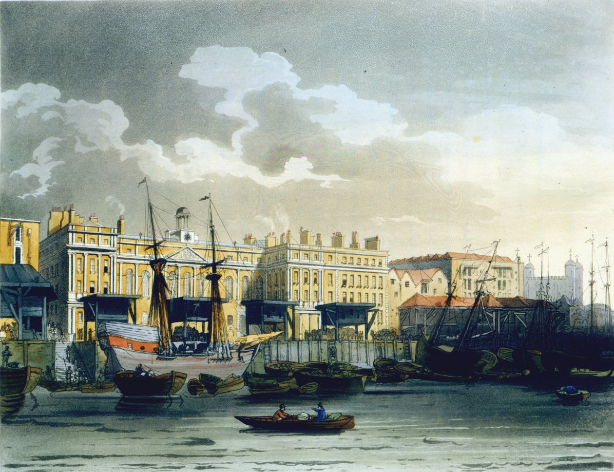 Alfândega do rio Tâmisa, do "Microcosmo de Londres", de Ackermann, gravada por John Bluck (fl.1791-1819), 1808 (aquatinta) de Pugin and Rowlandson