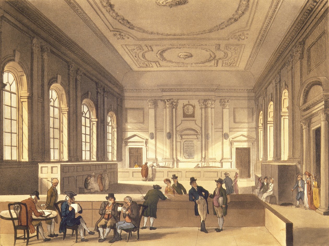 Dividend Hall na South Sea House, pub. por R. Ackermann, 1810 (aquatinta) de Pugin and Rowlandson