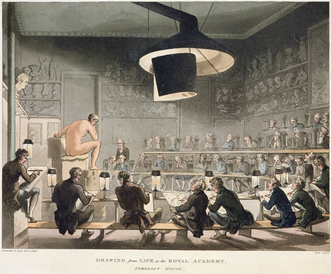 Desenho da vida na Royal Academy (gravura colorida) de Pugin and Rowlandson