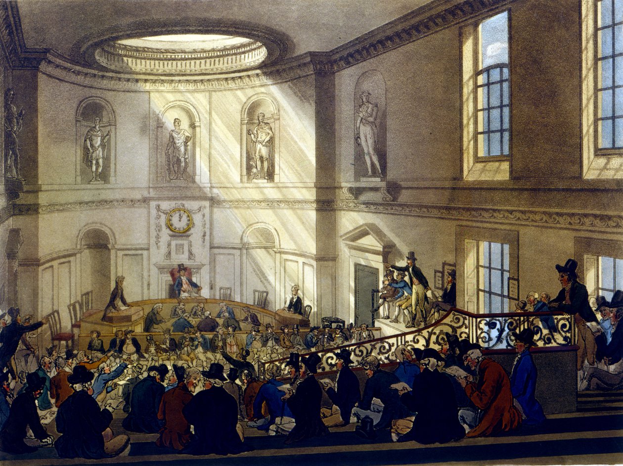 Casa da Índia, a sala de venda, do "Microcosmo de Londres de Ackermann", gravada por Joseph Constantine Stadler (fl.1780-1812), 1808 (aquatint) de Pugin and Rowlandson
