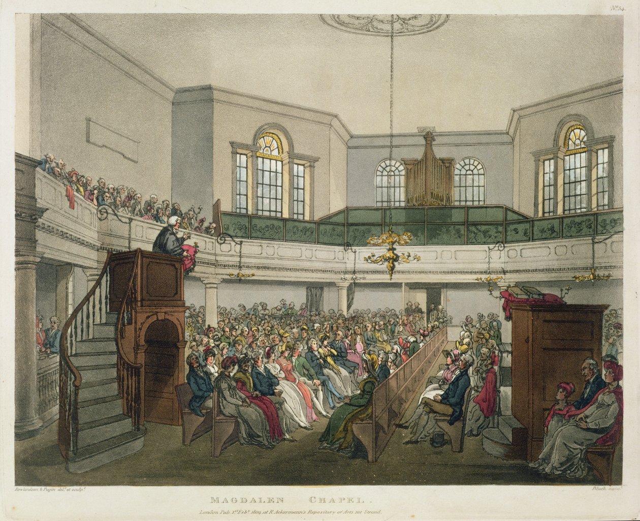 Capela de Madalena, de &39;Microcosmo de Londres de Ackermann&39;, gravada por John Bluck (fl.1791-1831), 1809 (aquatint) de Pugin and Rowlandson