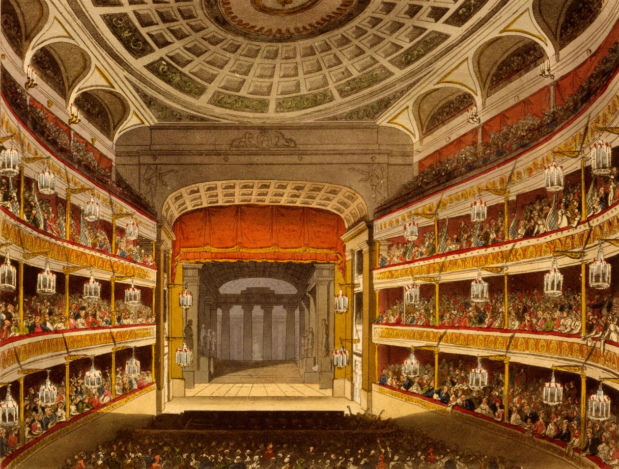 Novo Covent Garden Theatre, do Microcosm of London, 1810 por R Ackermann (aquatinta colorida à mão) de Pugin and Rowlandson