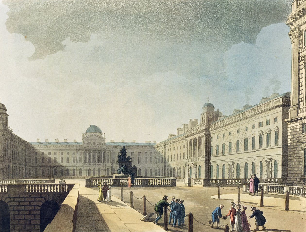 Somerset House, Strand, do "Microcosmo de Londres de Ackermann", gravado por John Bluck (fl.1791-1819), 1809 (aquatint) de Pugin and Rowlandson
