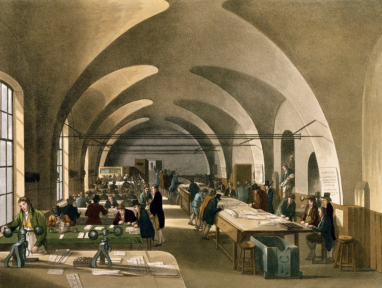 Escritório de selos, Somerset House, do microcosmo de Londres de Ackermann (aquatint) de Pugin and Rowlandson