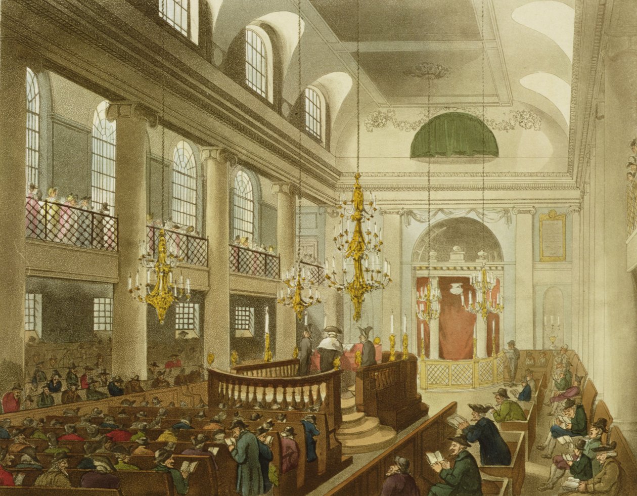 Sinagoga, Dukes Place, Houndsditch, de "Microcosmo de Londres" de Ackermann, gravado por Sunderland, 1809 (água) de Pugin and Rowlandson