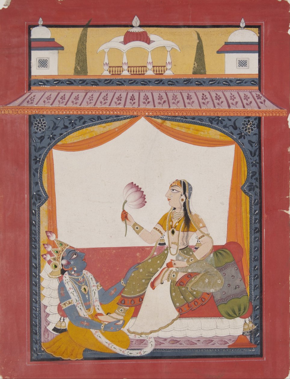 Krishna massageando os pés de Radha, uma cena possivelmente da Gita Govinda de Punjab Hills