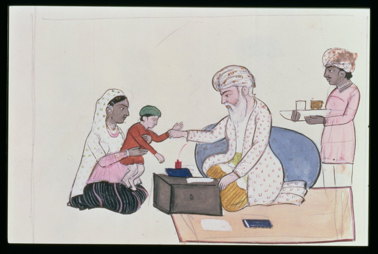 Médico indiano examinando um paciente, c.1890 (wc no papel) de Punjabi School