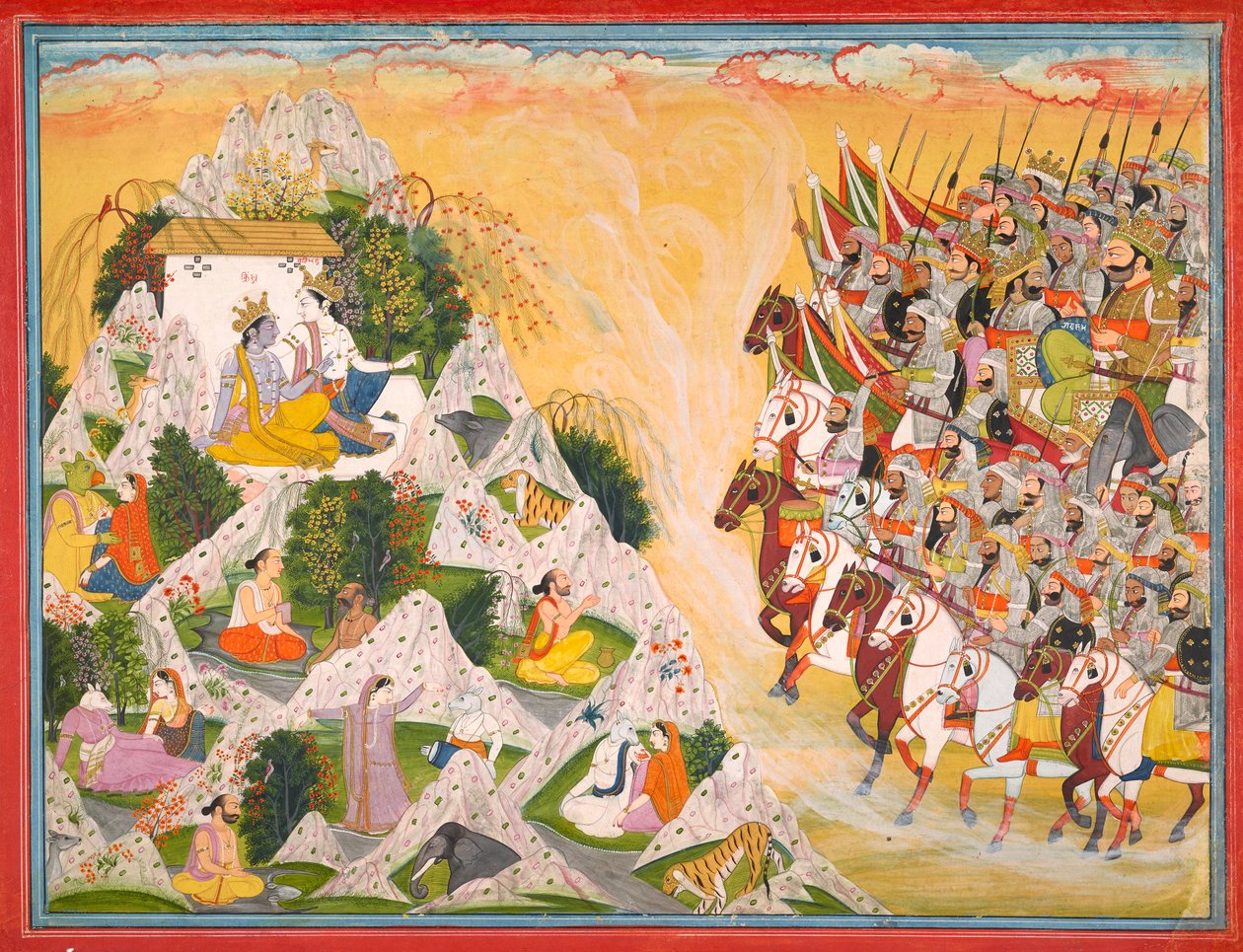 O exército de Jarasandha avança em direção a Krishna e Balarama, fólio de um Mahabharata de Purkhu