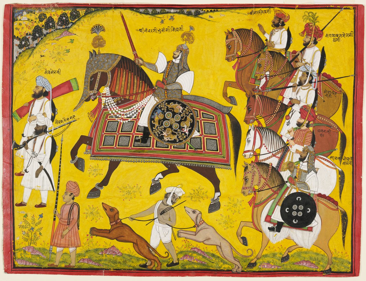 Retrato processional do príncipe Bhawani Cantar de Sitamau, 1855 (guache, prata e ouro sobre papel) de Pyara Singh