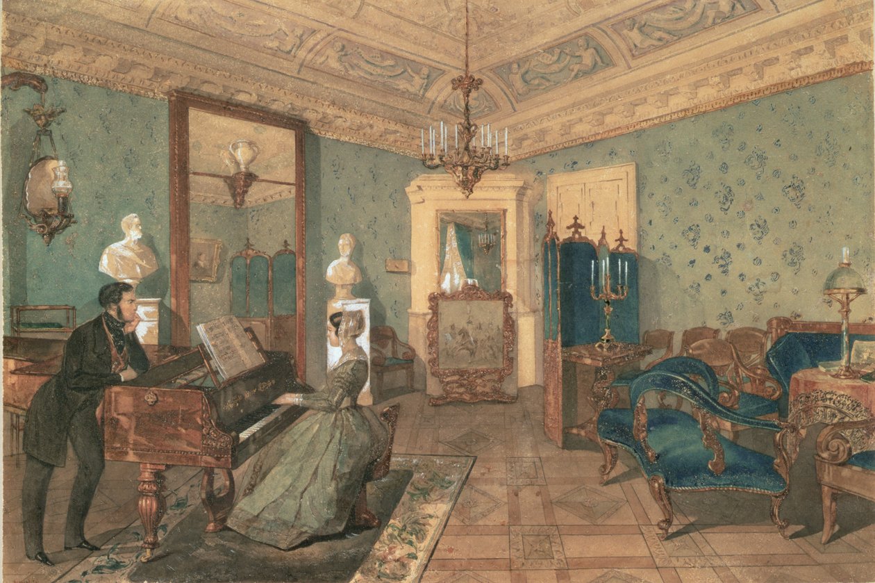 Interior da sala de desenho na casa do barão Stieglitz em São Petersburgo, 1841 de Pyotr Fyodorovich Sokolov