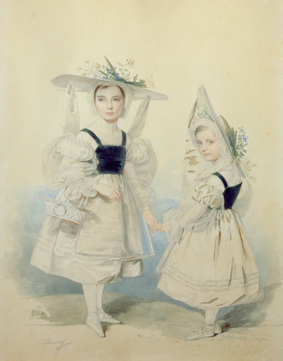 Retrato das princesas Grand Olga e Alexandra em Fancy Dress, de 1830 de Pyotr Fyodorovich Sokolov