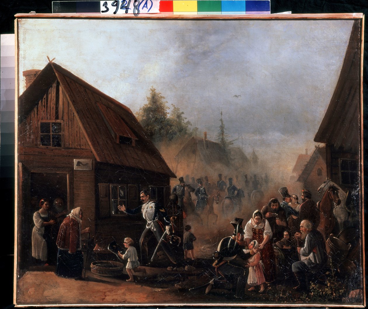 Cena da Guerra Russo-Francesa em 1812 (Cena da Guerra Russo-Francesa em 1812). Pintura de Pyotr Ilyich Baykov (1817-?). Óleo sobre tela, 45,3 x 55,5 cm de Pyotr Baykov