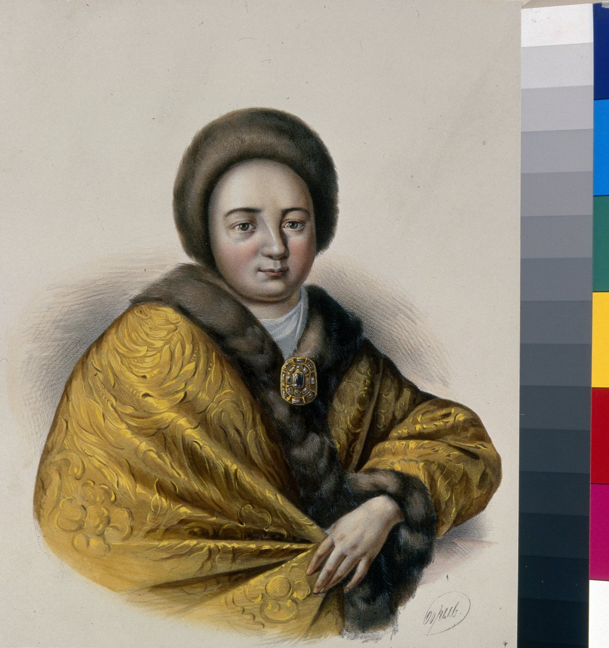 Retrato da czarina Natalia Naryshkina (Narychkina) (Nathalie Narychkine) (1651-1694), esposa do czar Alexis I da Rússia (1629-1676). Obra de Pyotr Fyodorovich Borel (1829-1898), litografia, ca. 1860. Arte russa de Pyotr Fyodorovich Borel
