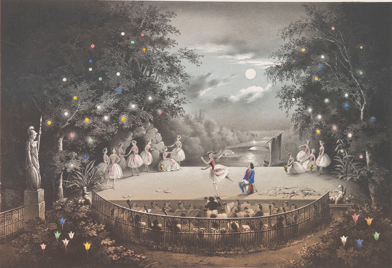 O balé Naiad e Pescador de C. Pugni no pavilhão Pink, no Peterhof Park, 1851. de Pyotr Fyodorovich Borel