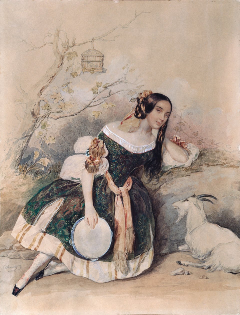 Esmeralda. (Bailarina para o balé de Marius Petipa (1818-1910) adaptado de ""Notre Dame de Paris"", de Victor Hugo (1802-1885) Obra de Pyotr (Piotr) Fyodorovich Sokolov (Pierre Sokolov) (1791-1848), aguarela, guache, branco e dourado sobre papel Art r de Pyotr Fyodorovich Sokolov