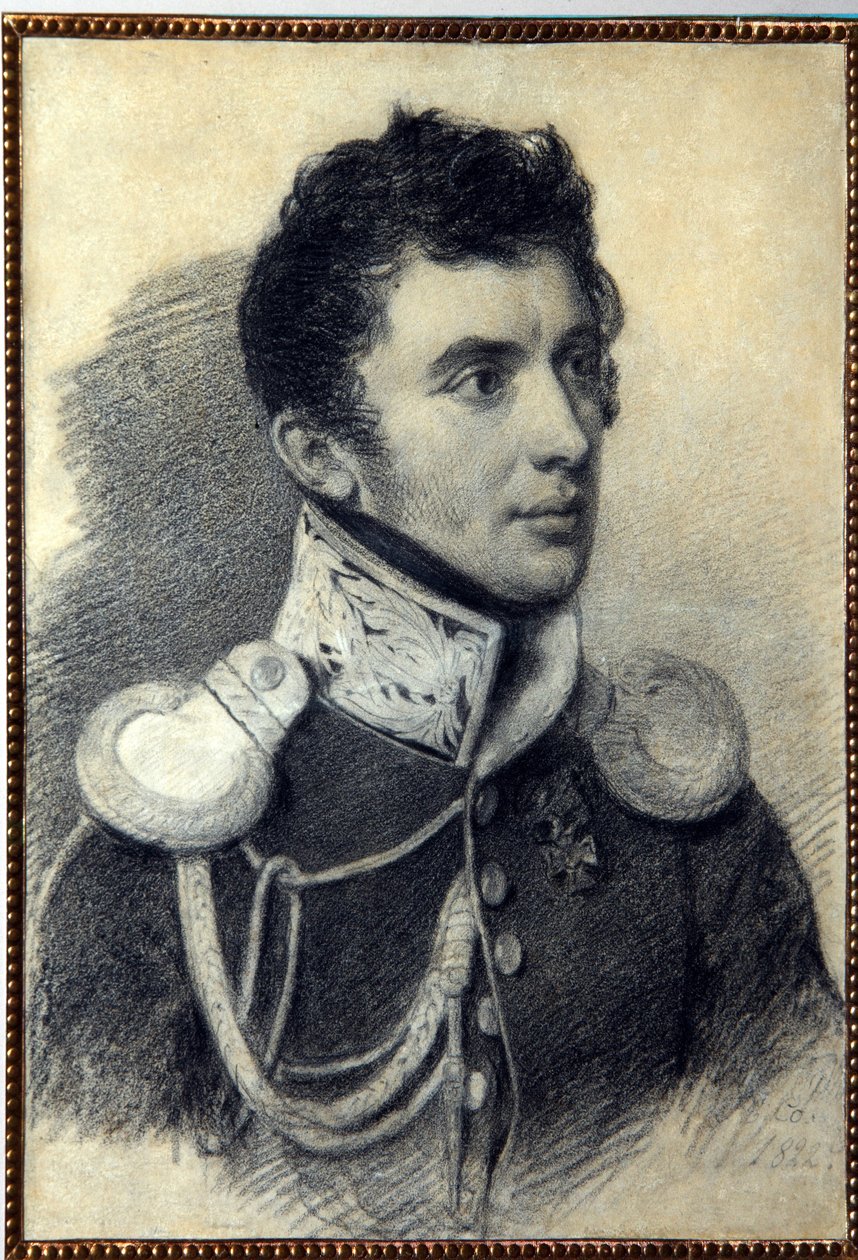 Retrato do dezembrista (ou decabrista) Nikita Muravyov (1797-1843). (Retrato do dezembrista N.Muravyov). Obra de Pyotr (Piotr) Fyodorovich Sokolov (Pierre Sokolov) (1791-1848), lápis e pastel sobre papelão, 1822. Arte russa, século 19, romantismo. AP de Pyotr Fyodorovich Sokolov