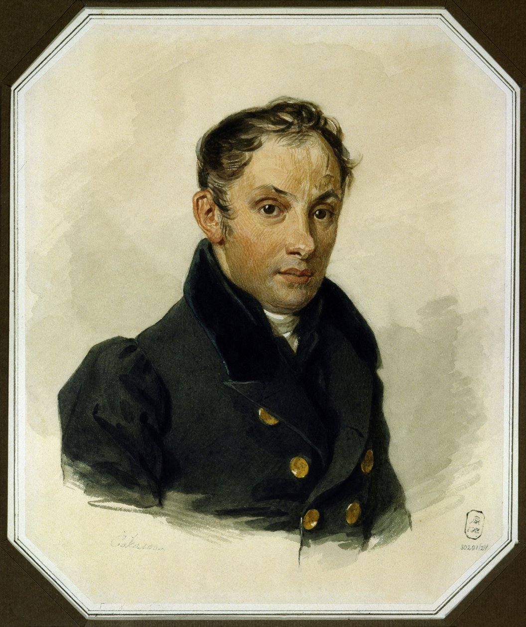 Retrato do poeta Vasily Zhukovsky (1783-1852) (Vasily Zhukovsky) - Obra de Pyotr Fyodorovich Sokolov (1791-1848) aquarela sobre papel (17x14 cm), cerca de 1820 - Museu Memorial A. Pushkin, São Petersburgo (Rússia) de Pyotr Fyodorovich Sokolov