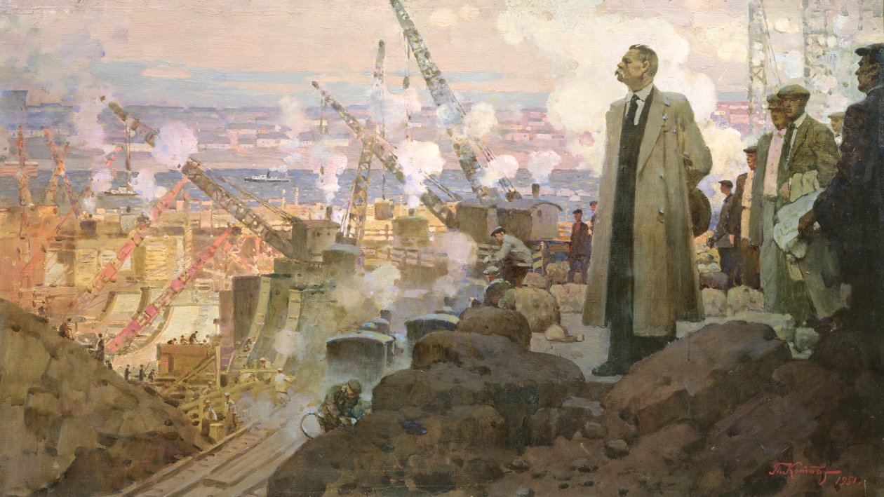 Maxim Gorky (1868-1936) na construção da central hidroelétrica "DnieproGES de Pyotr Ivanovich Kotov