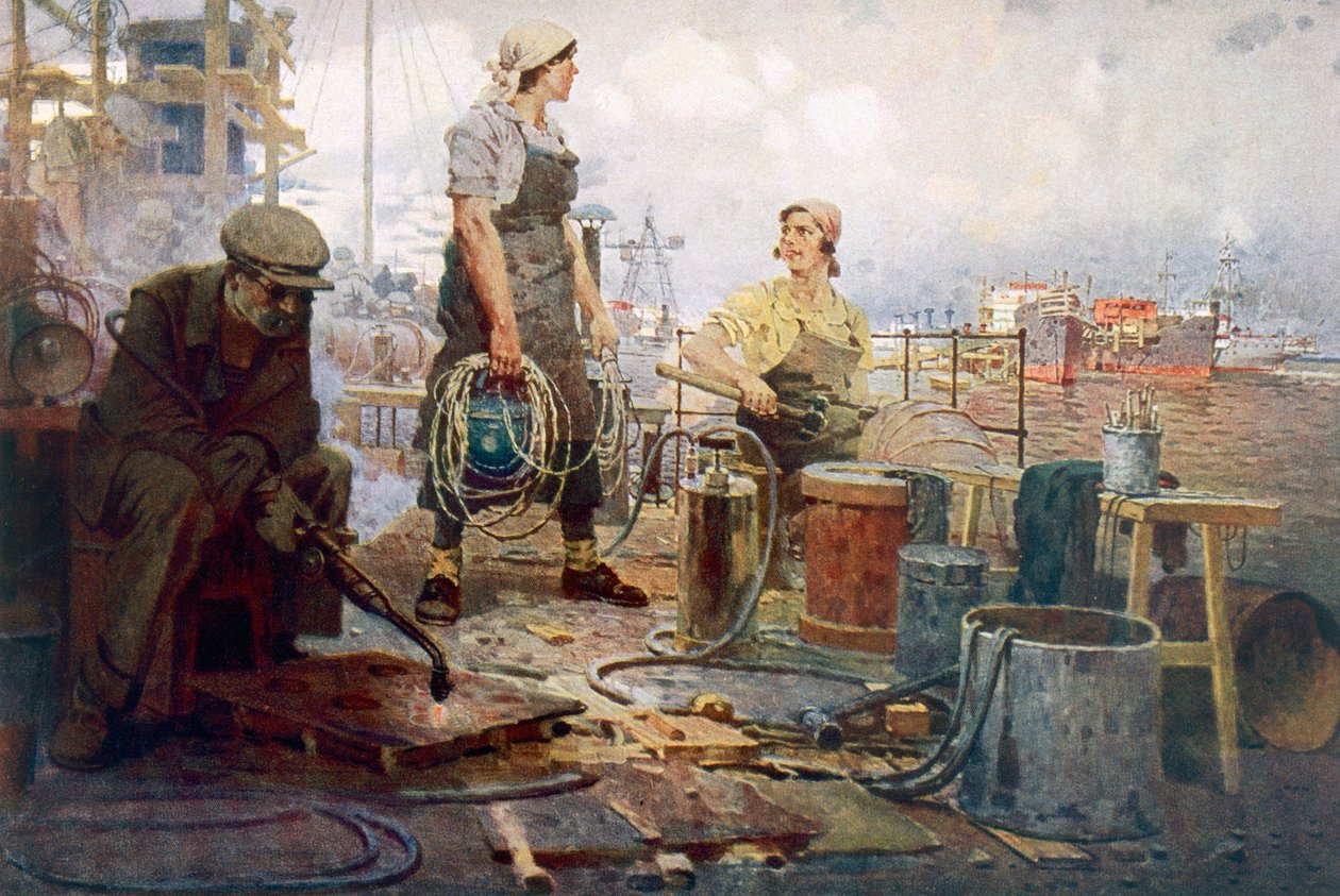 O estaleiro vermelho de Sormovo, c.1920 (litografia a cores) de Pyotr Ivanovich Kotov