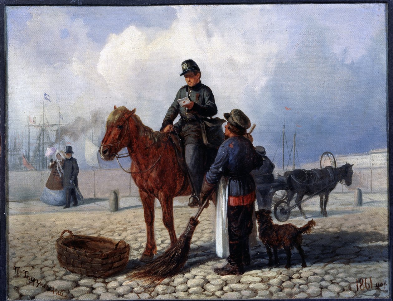 O carteiro. Pintura de Pyotr Nikolayevich Grusinsky (1837-1892), óleo sobre tela de Pyotr Nikolayevich Grusinsky